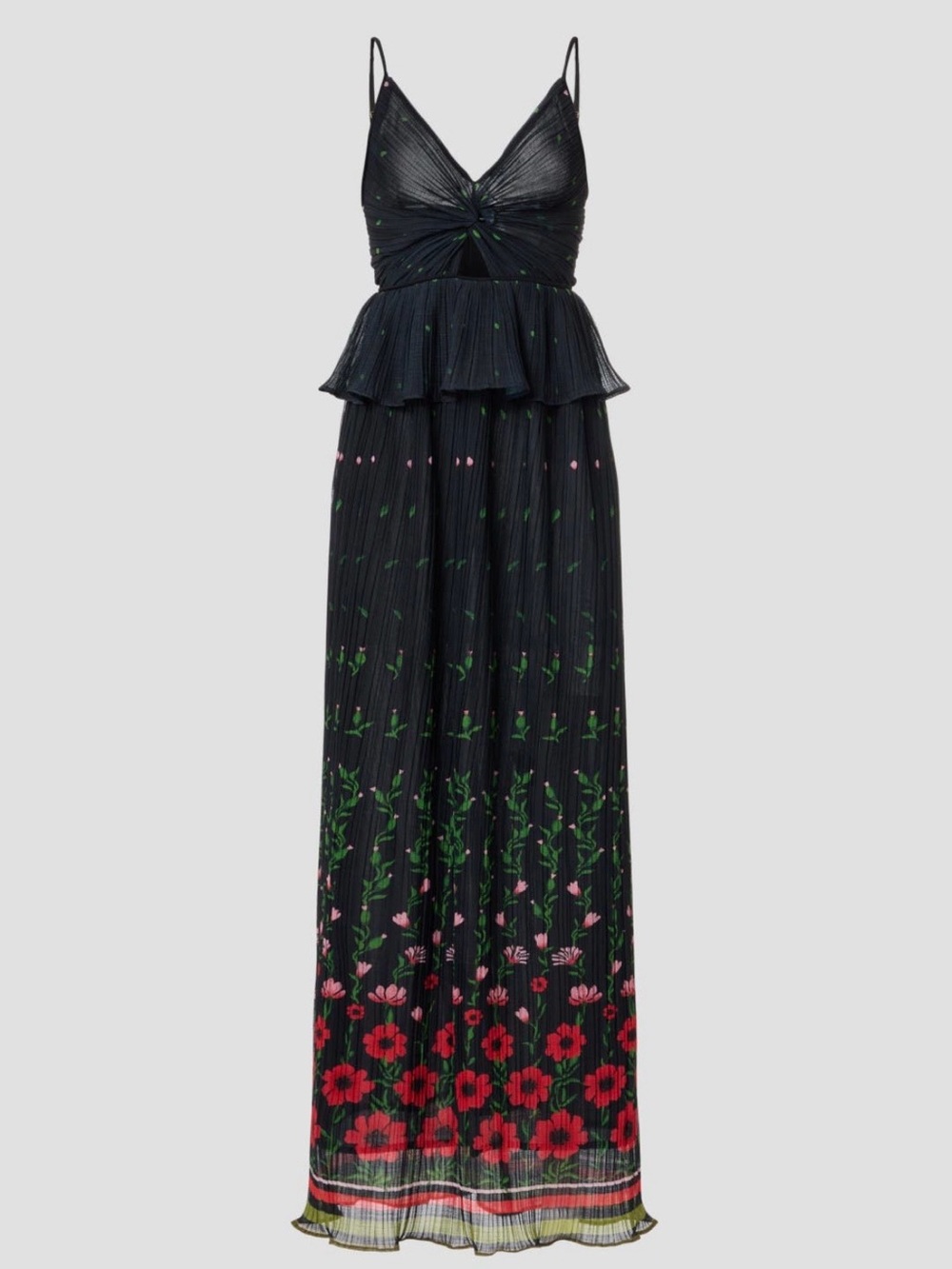 Sabina Musayev Selina Black Floral Pleated Peplum Cutout Maxi Dress - SMALL